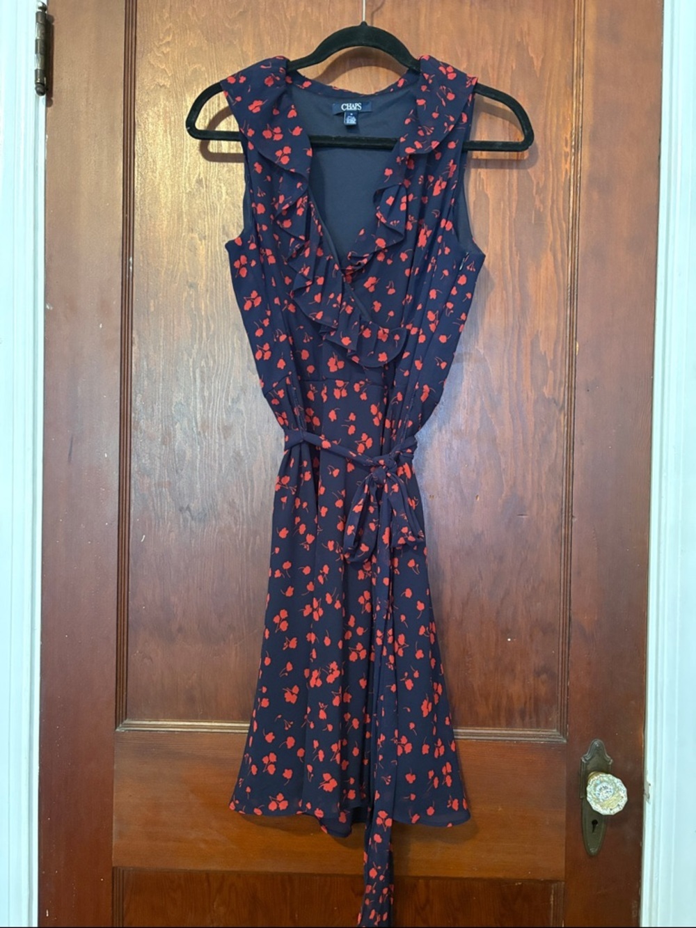 Chaps Navy Midi Dress with Red Floral Print and Tie Waist